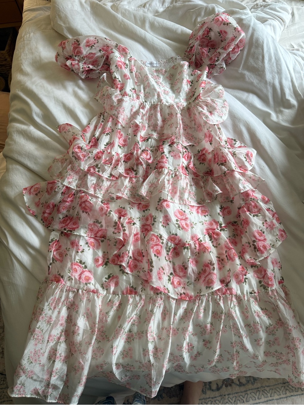 vestique Cream Dress with Pink Rose Print